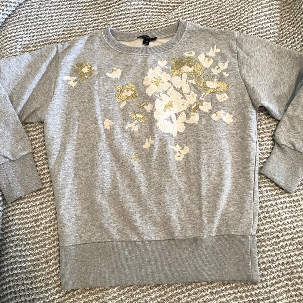 J. Crew Gray Crewneck Sweatshirt with Gold & White Floral Embroidery